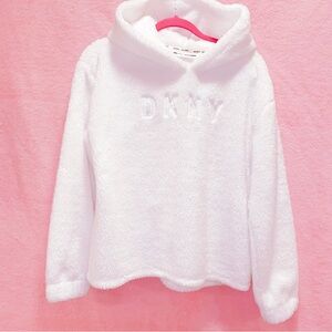 DKNY White Teddy Hoodie Sherpa Sweater Medium Donna Karen New York Snuggly Fuzzy